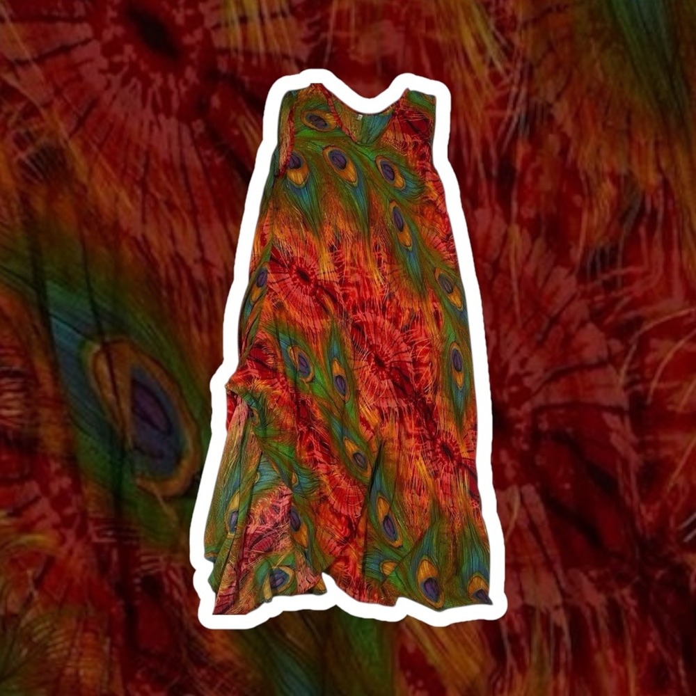 Peacock Feather Print Sleeveless Summer Flowy Dress Colorful Boho‎ Avant Garde